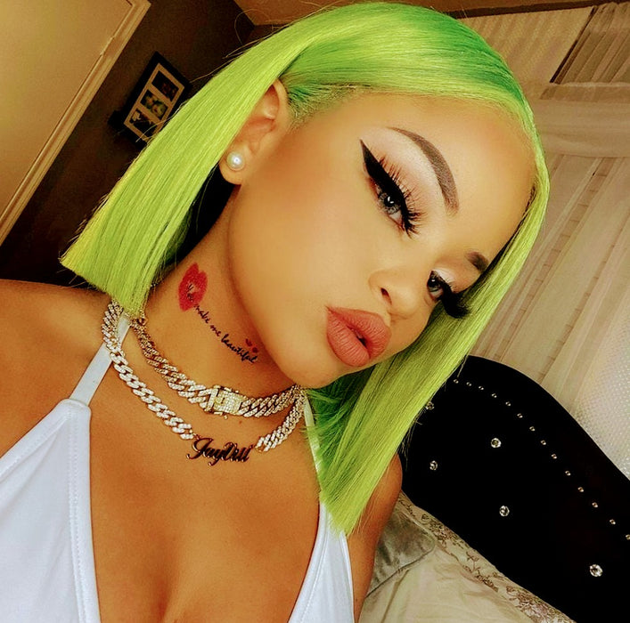 14 Inch Fresh-Green Straight CUSTOMIZED Frontal Wig (13X6 Wig Cap Size)