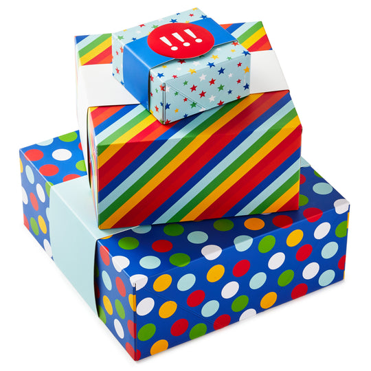 Hallmark All Occasion Wrapping Paper with Kraft on Reverse (3 Rolls: 105 Sq. ft. ttl.) Birthday, Rainbow Stripes, Polka Dots for Parties, Kids