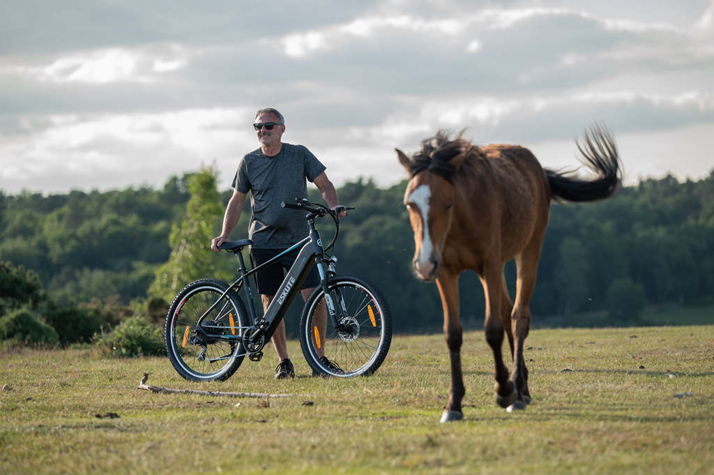 Ein Mann steht neben dem Pferd und hält sein elektrisches Mountainbike mit Kettenschaltung fest