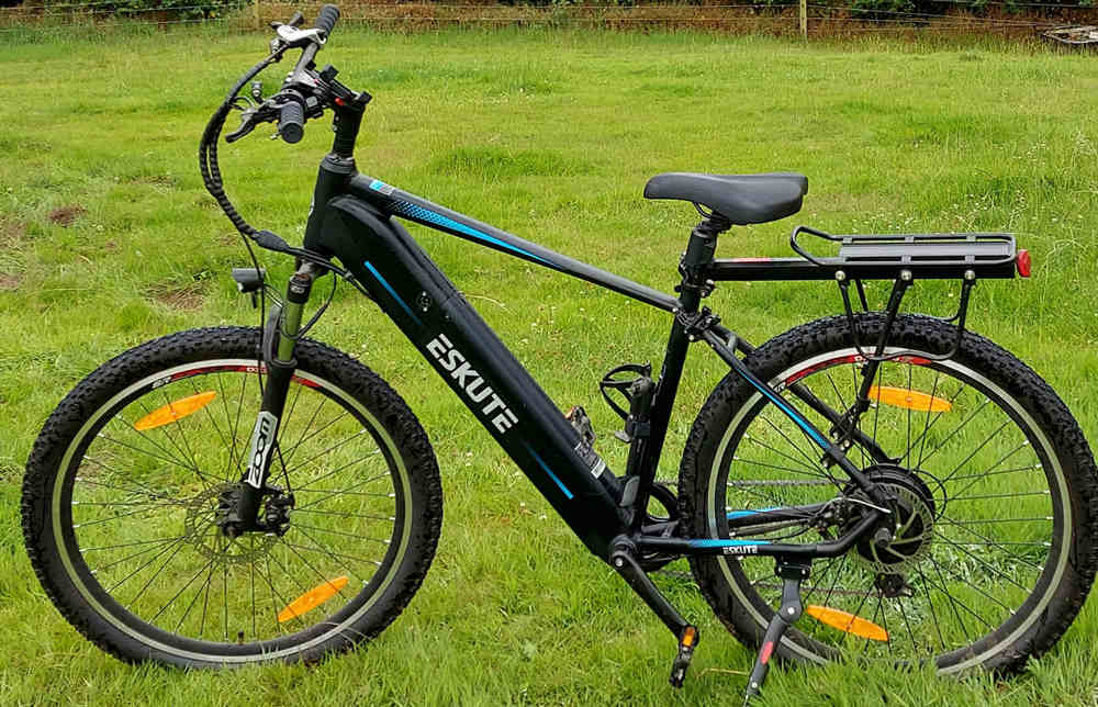 Een elektrische fiets geparkeerd in het gras