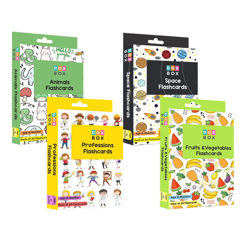 Animals, fruits & vegetables, professions & space combo pack flash cards for kids