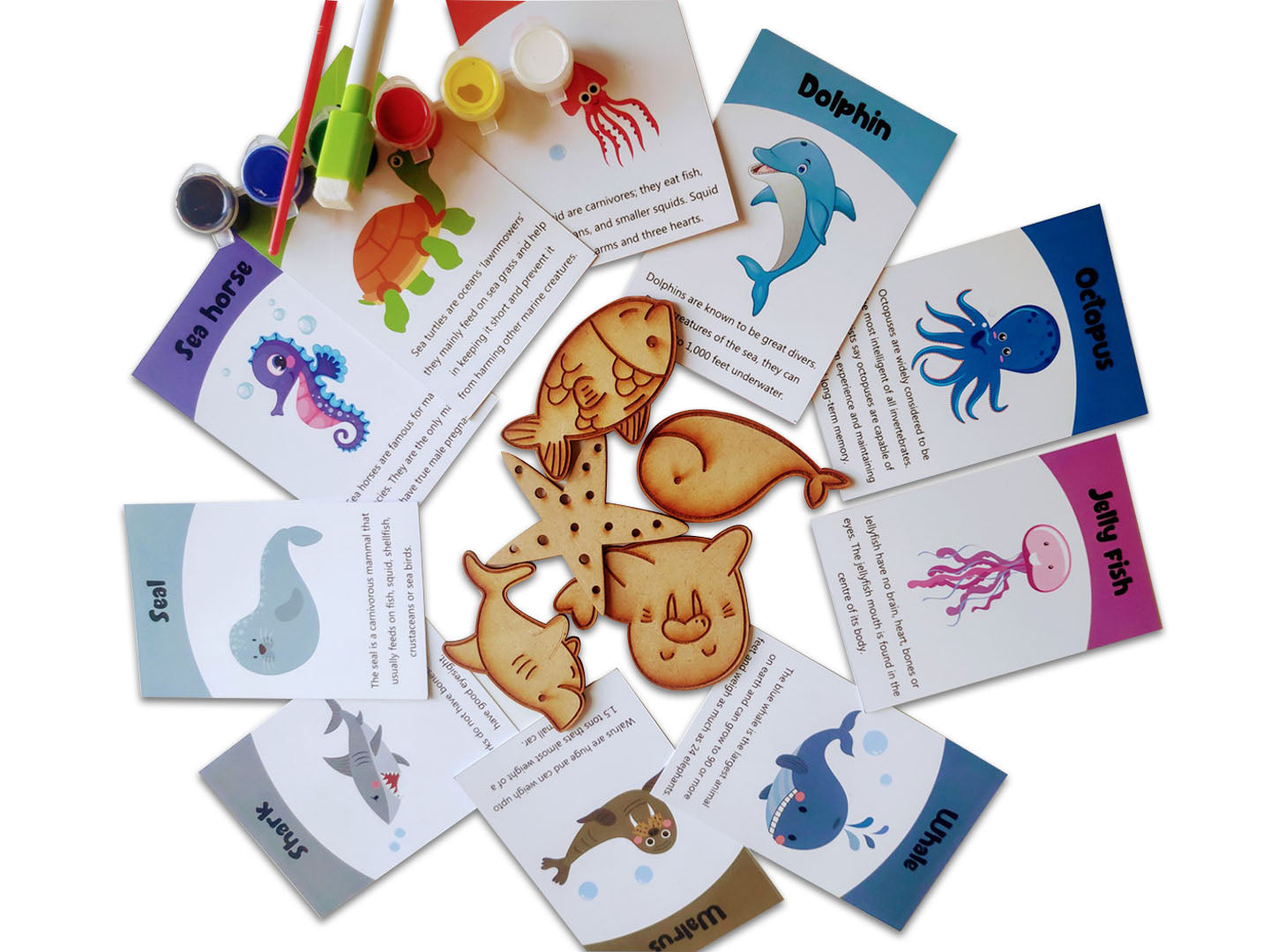 Sea animals flashcards with wooden cutout activity for kids