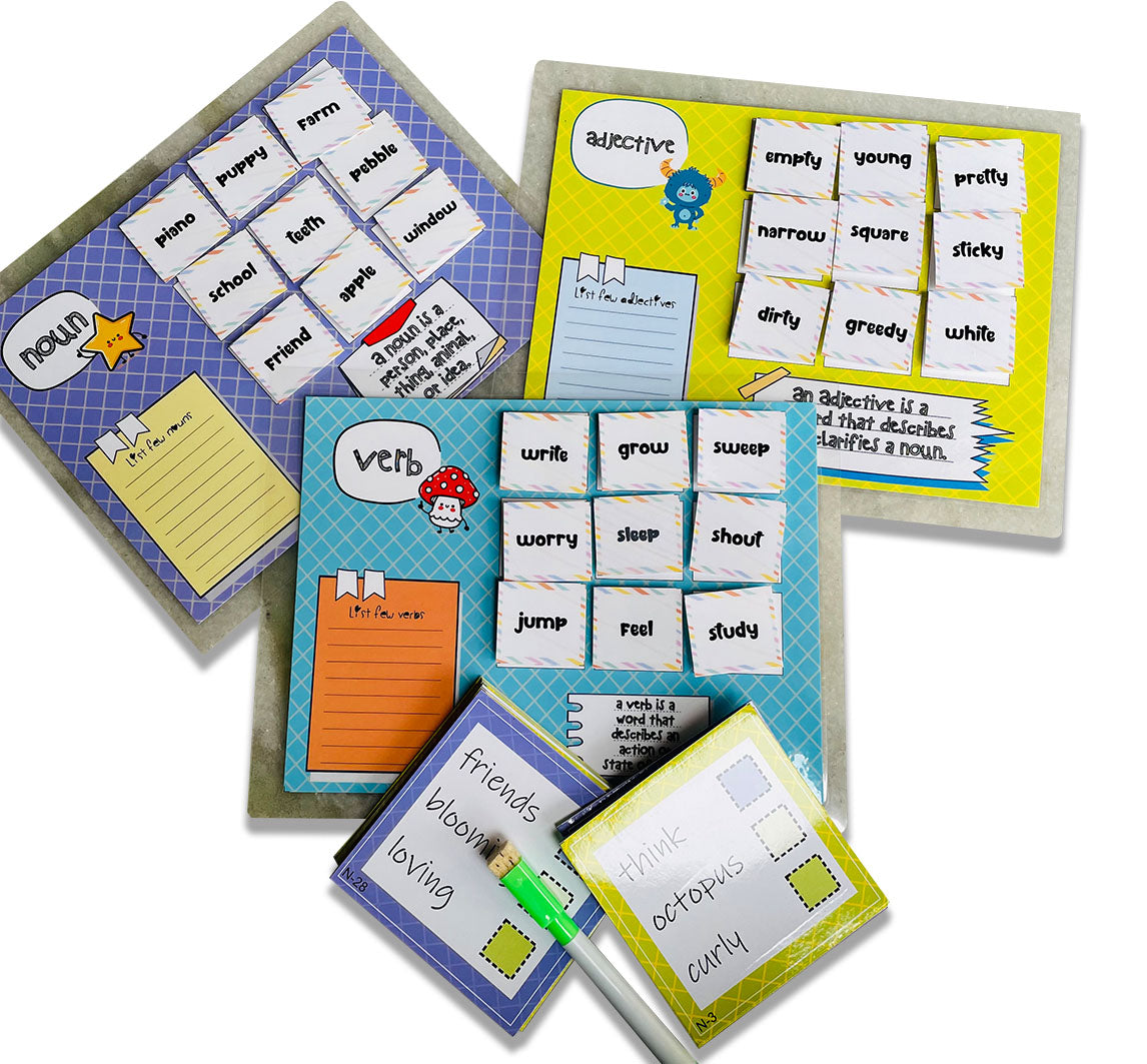 Adjective-noun-verb sorting activity for kids