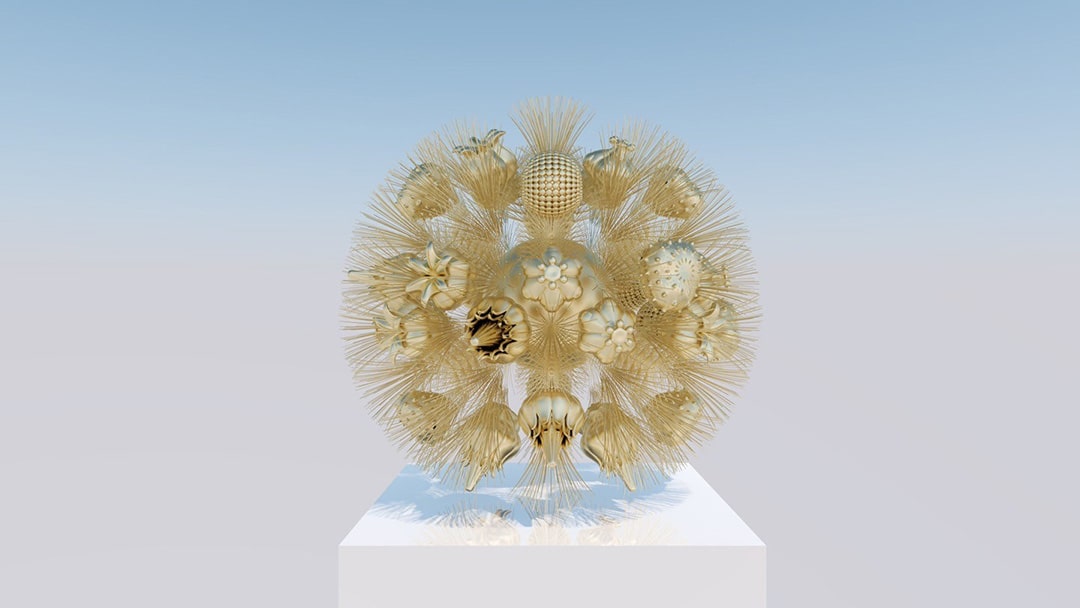 微型蒲公英, 2023, 40x40x40cm, UV光固化树脂, 钢琴丝, 金/铂箔