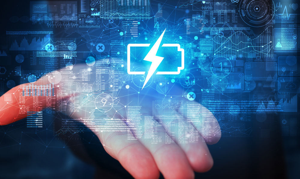 Floating battery icon in the palm of man's hand