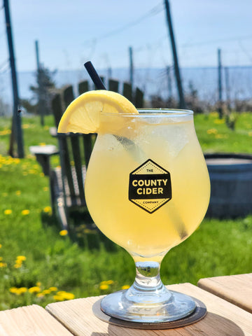 A photo of a glass with yellow liquid in it with a lemon wedge and straw with a view of the lake in the background