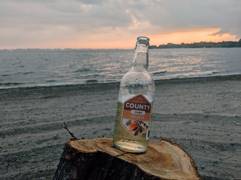 A picture of a bottle of peach cider on a wooden tree stump with a sunset and beach in the background