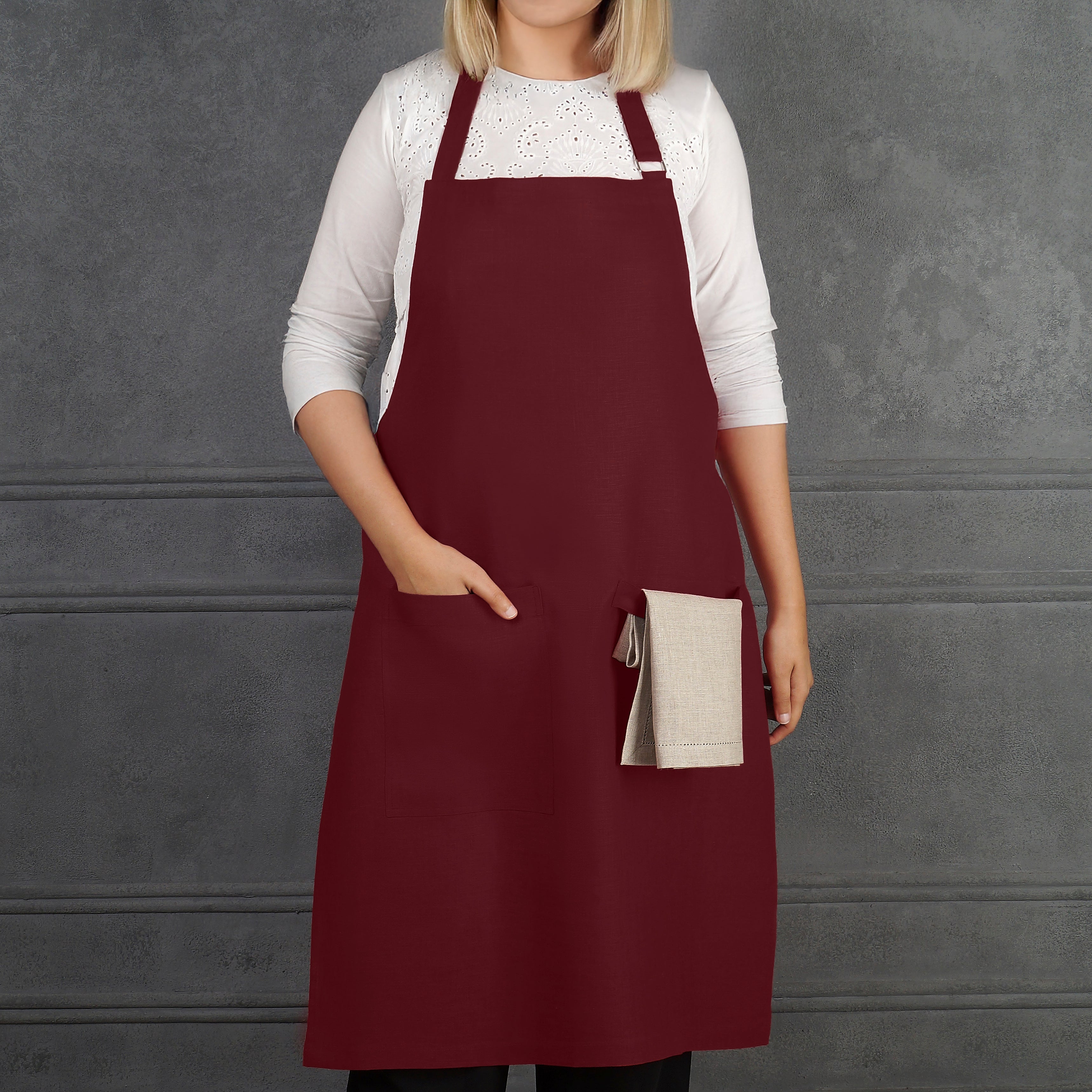 Dark Red Linen Apron - Adjustable Strap