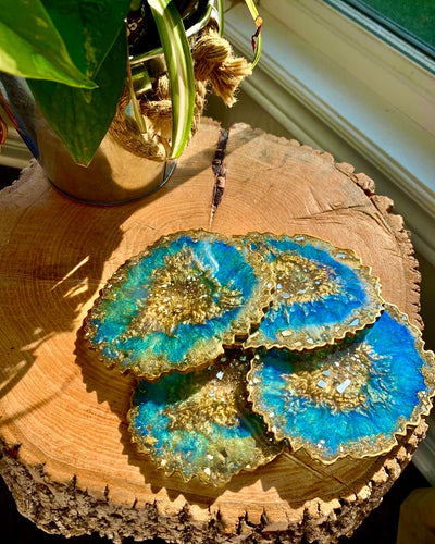 Blue Epoxy and Rambutan Coasters