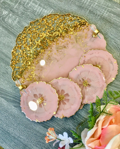 Geode White, Gold and Opal - Tray & Coaster Set - Resin, Crystals, Fireglass