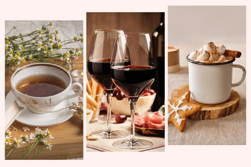 Tea, red wine and hot chocolate used to represent and illustrate the concept of coffee weight