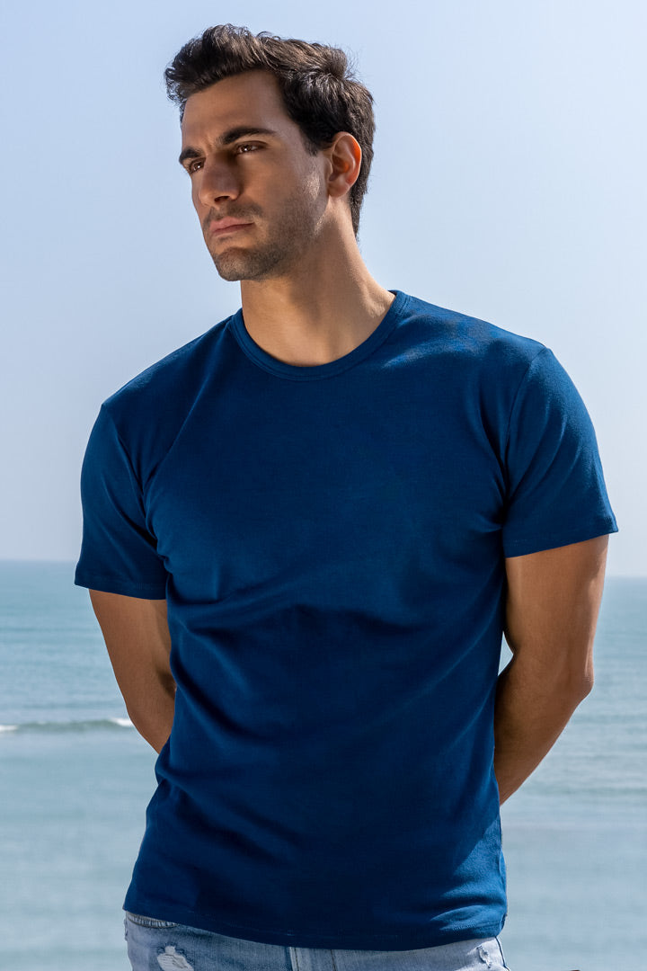 men's organic pima cotton crew neck tee dyed with natural blue dye