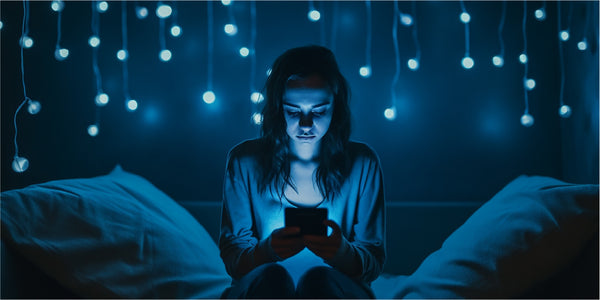 Woman watching cell phone in the dark