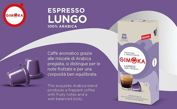 Gimoka nespresso compatible lungo pods. Medium roast with 100% Arabica beans from Brazil, Colombia and Papa New Guinea