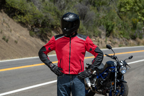 Rider wearing HJC Helmet and Noru Jacket