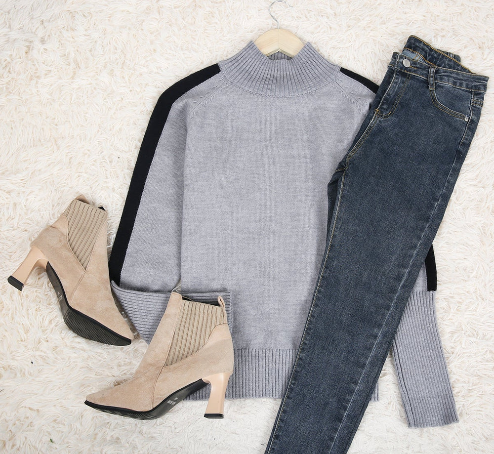 Slate Gray and Black Stripe Turtleneck Sweater