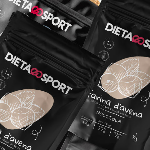 Insieme di buste di farina d'avena al gusto pistacchio. Dietaesport