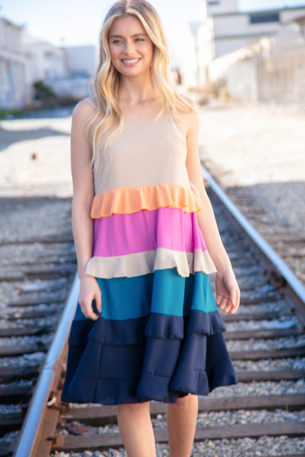 Taupe Multicolor Sleeveless Ruffle Tiered Midi Dress