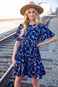 Navy Floral Midi Woven Pocketed Dress