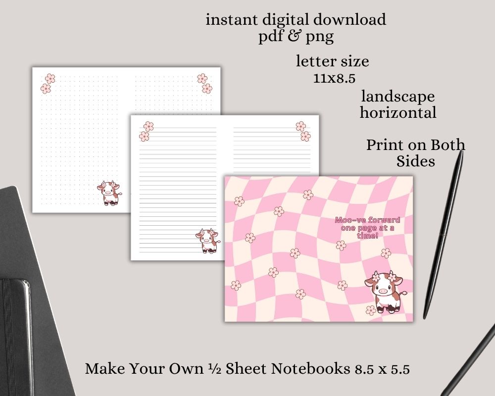 Pink Highland Cow Digital Lined & Dotted Grid Notebook