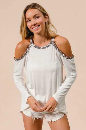 BiBi Jersey Knit Cold Shoulder Top with Leopard Neck - Kre8tive Treasurez and More