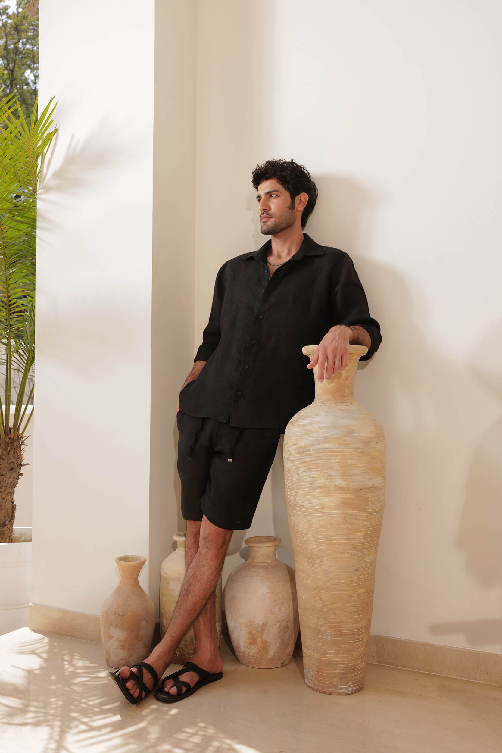 Organic Linen Relaxed Fit Black Shirt | Double Gauze Textured | Buttoned Cuff Sleeves