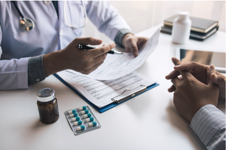 Two medical professionals talking about a test