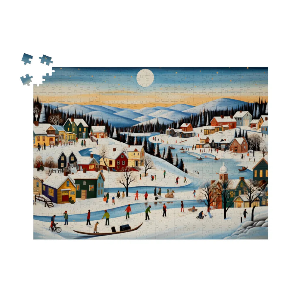 Snowy Riverfront Village Jigsaw Puzzle: 500 or 1000 Wooden Pieces