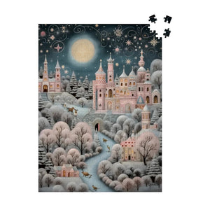 Snow Kissed Pastel Castle Wooden Jigsaw Puzzle: 500 or 1000 Piece - Durazza