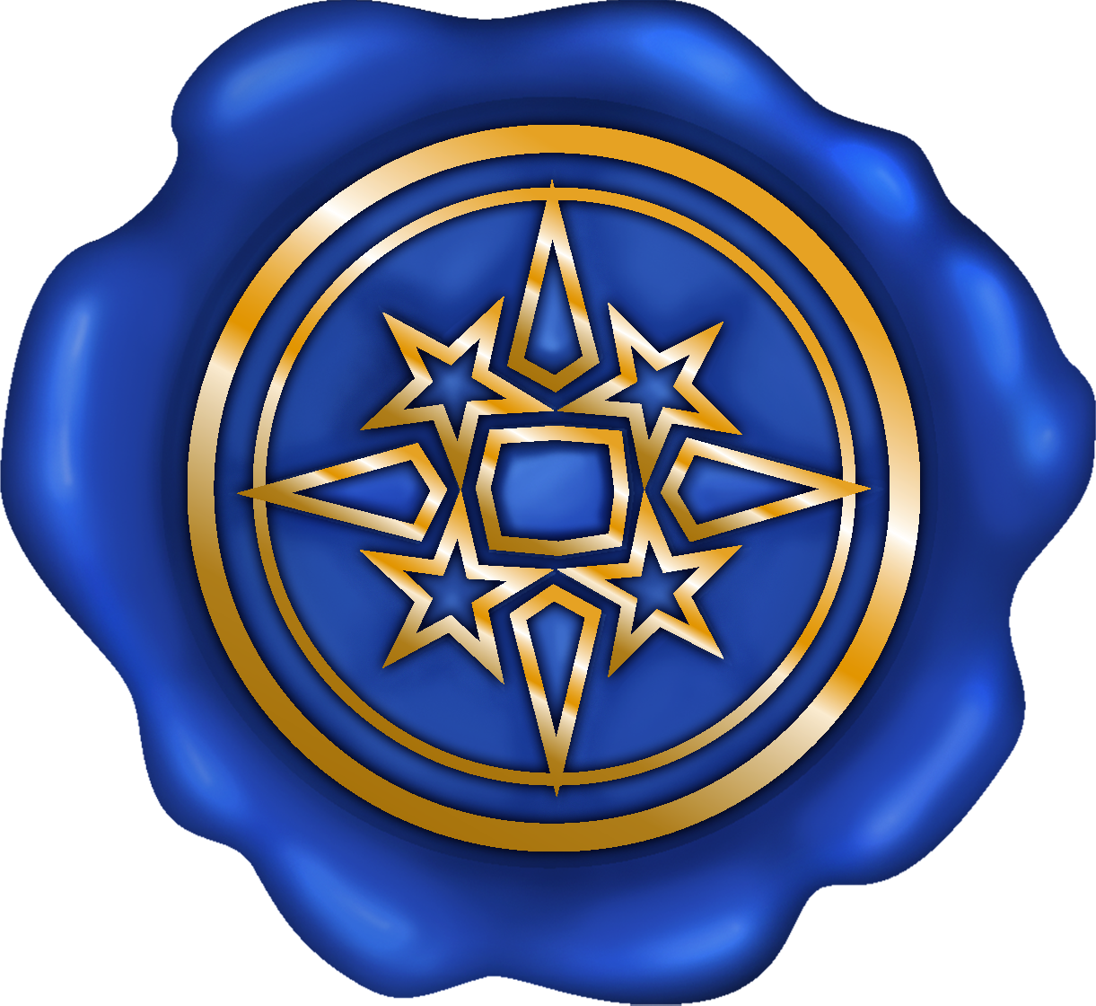 A blue wax stamp with a golden interior pattern.