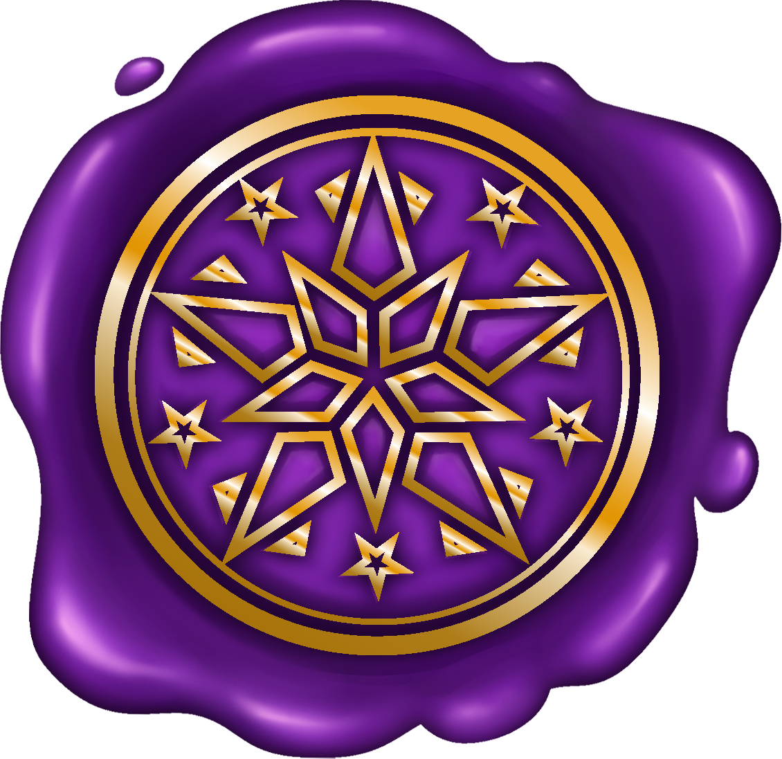 A purple wax stamp with a golden interior pattern.