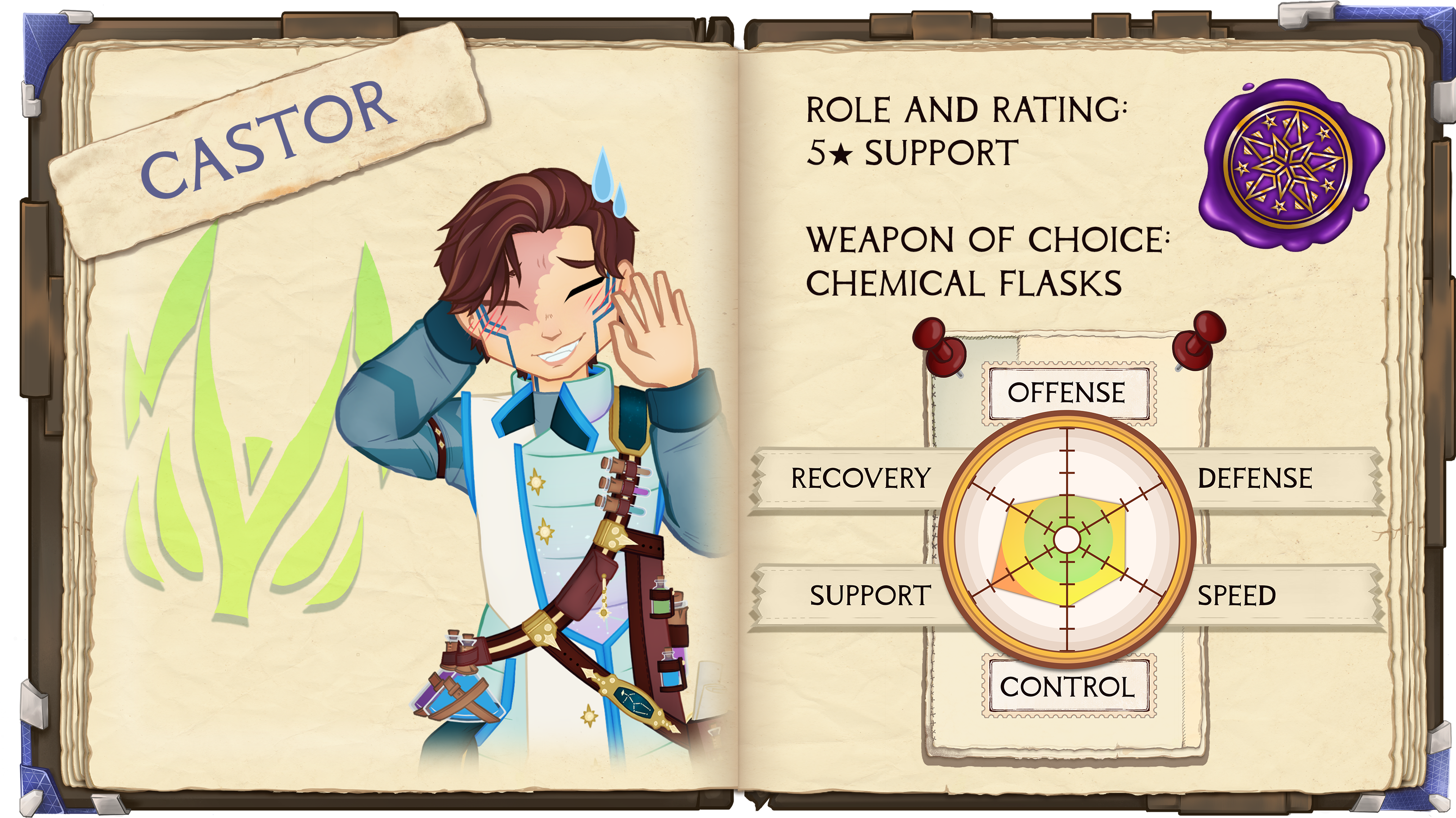 Castor. Role and Rating: 5 Star Support. Weapon of Choice: Chemical Flasks: Offense: 2/5. Defense: 3/5. Speed: 3/5. Control: 3/5. Support: 4/5. Recovery: 3/5.