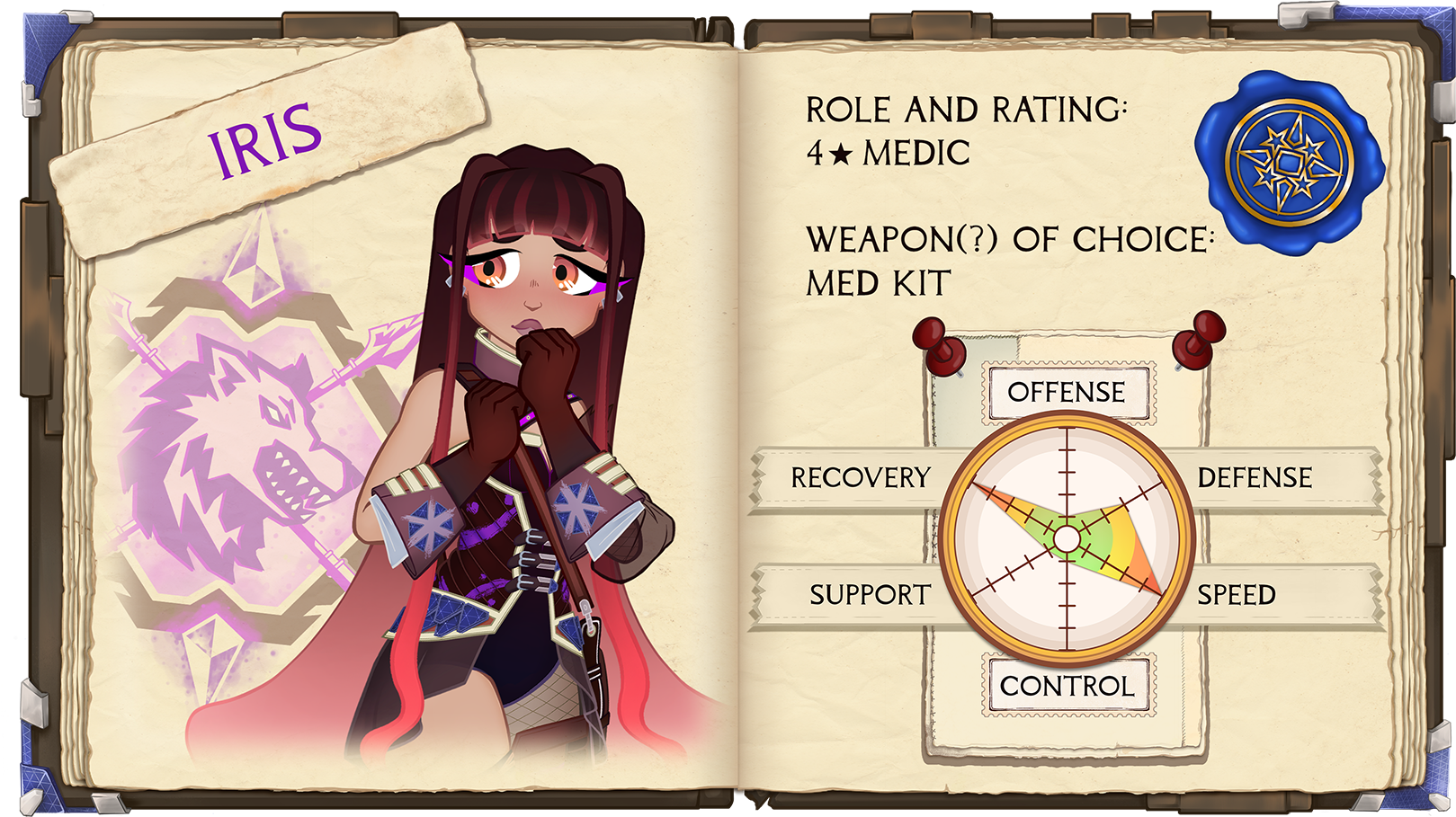 Iris. Role and Rating: 4 Star Medic. Weapon(?) of Choice: Med Kit: Offense: 1/5. Defense: 3/5. Speed: 5/5. Control: 1/5. Support: 1/5. Recovery: 5/5.