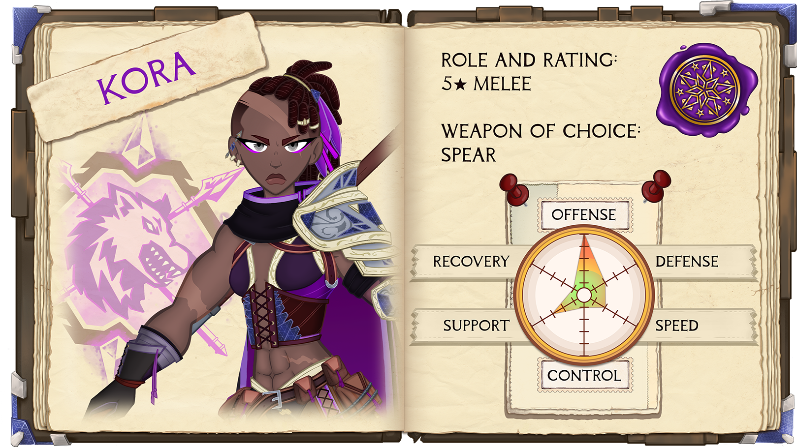 Kora. Role and Rating: 5 Star Melee. Weapon of Choice: Spear: Offense: 5/5. Defense: 2/5. Speed: 2/5. Control: 1/5. Support: 3/5. Recovery: 1/5.