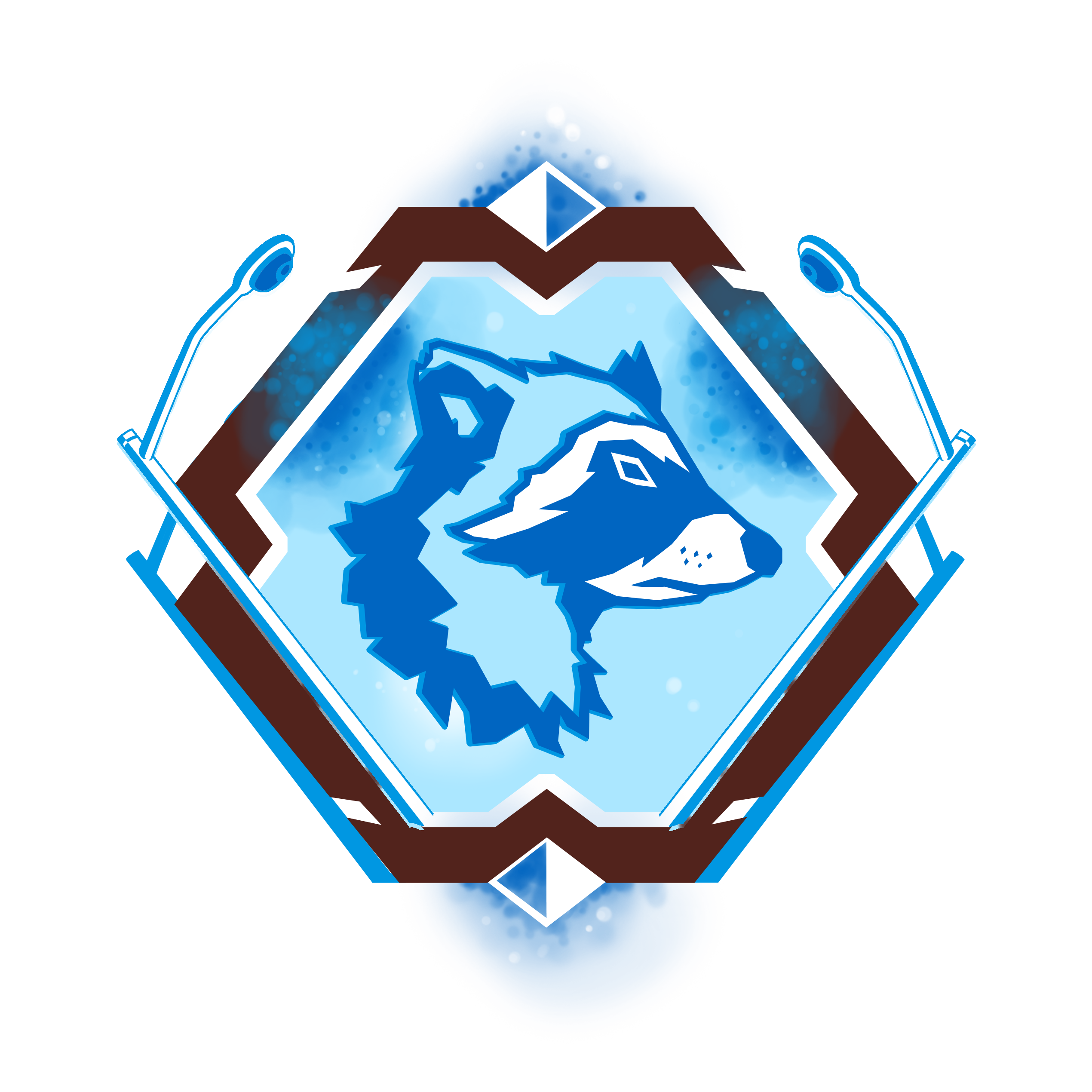 The logo of the Reclaimers. A racoon head is visible in a somewhat hexagon-shaped object. The logo is blue, and streetlights are shown on the side of the logo.