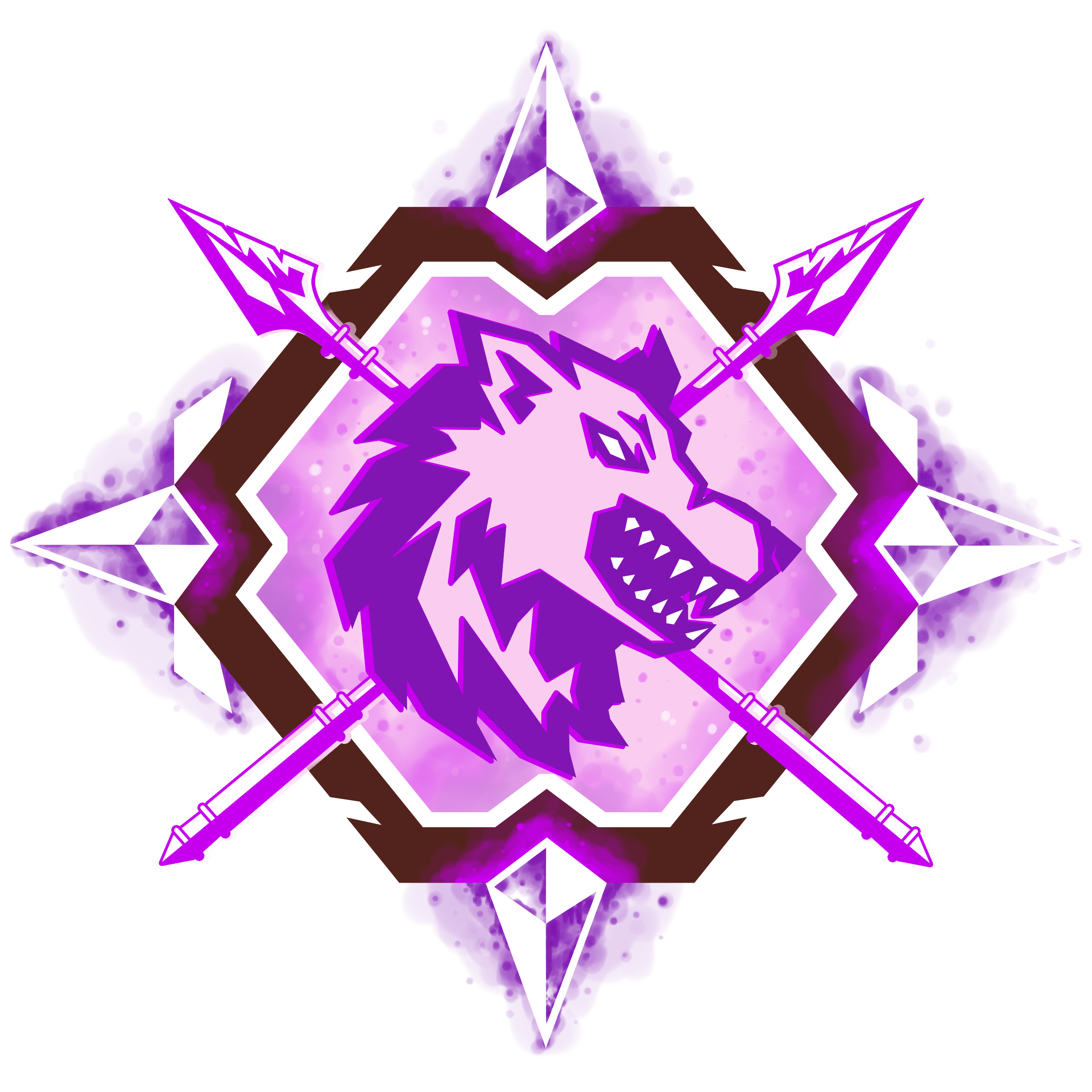 The logo of the Sentinels. A wolf head is visible in a somewhat hexagon-shaped object. The logo is purple and pink, and spears and spikes adorn the sides of the logo.