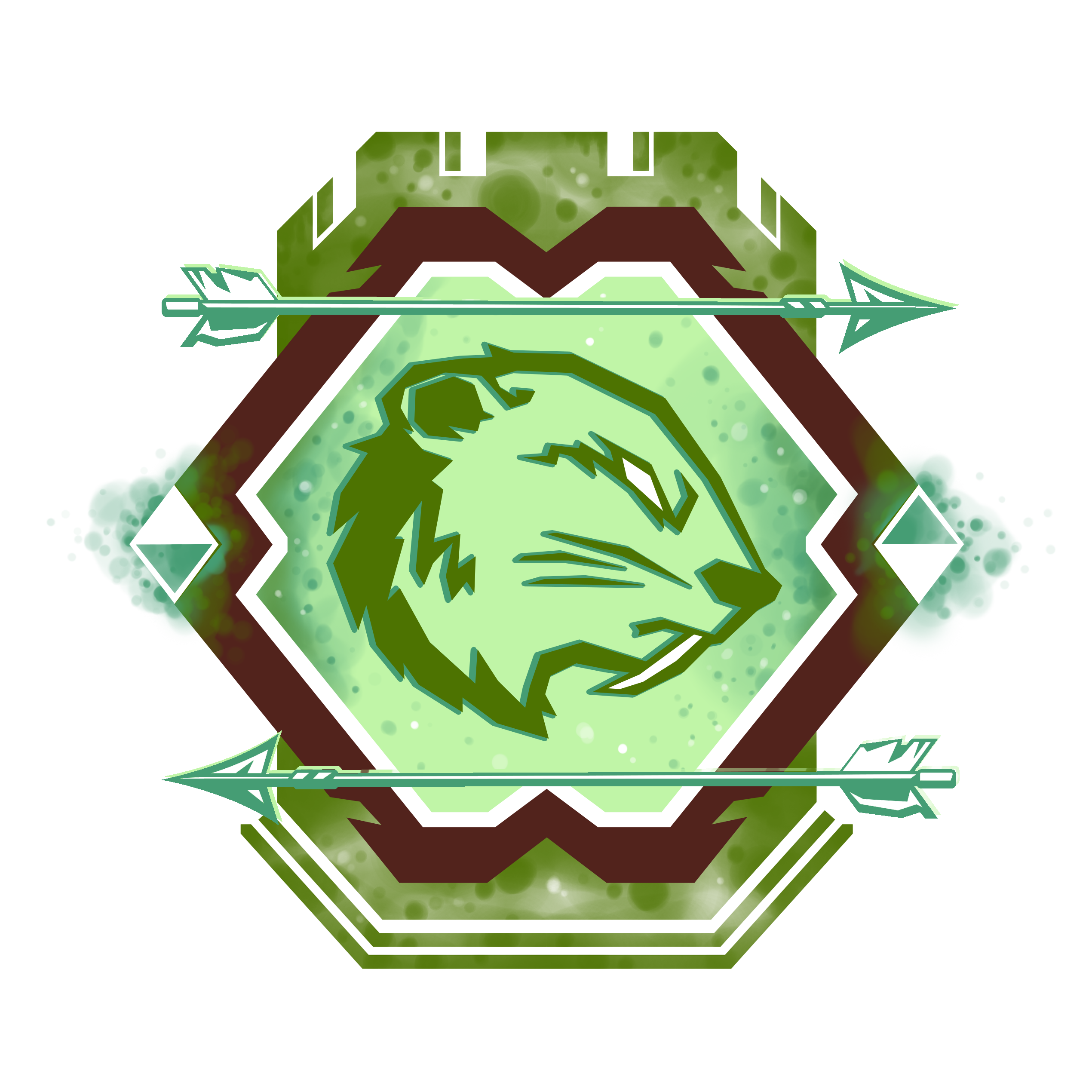 The logo of the Watchers. A beaver head is visible in a somewhat hexagon-shaped object. The logo is green, and arrows and a tower are spread across the sides of the logo.
