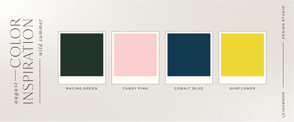 August Mood Board | Color Palette featuring rich Racing Green, a bright Candy Pink, deep Cobalt Blue, and Sunflower