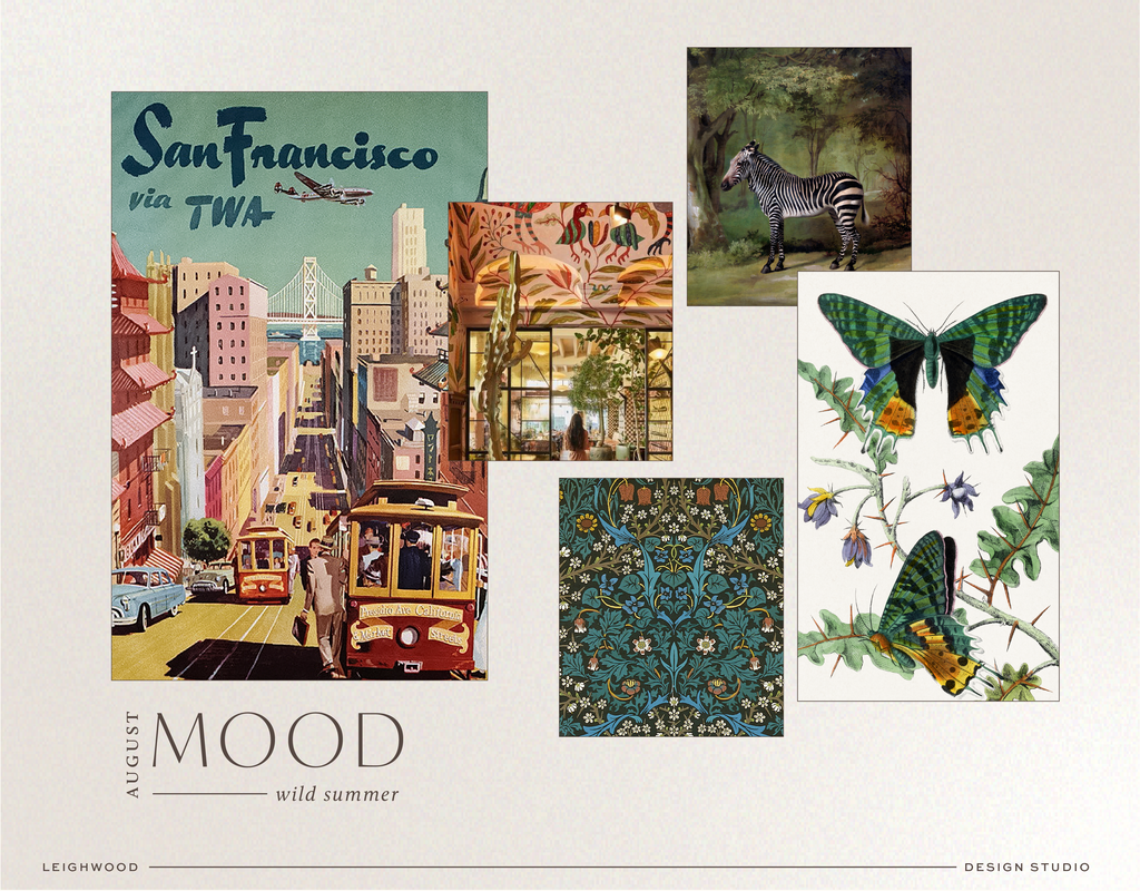 Inspiration Board | Photos of San Francisco TWA poster, Maximalist Interior, William Morris Wallpaper, Zebra in a Forest, Butterflies