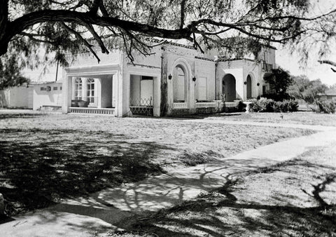 bw photograph of historic building in edinburg, texas on film