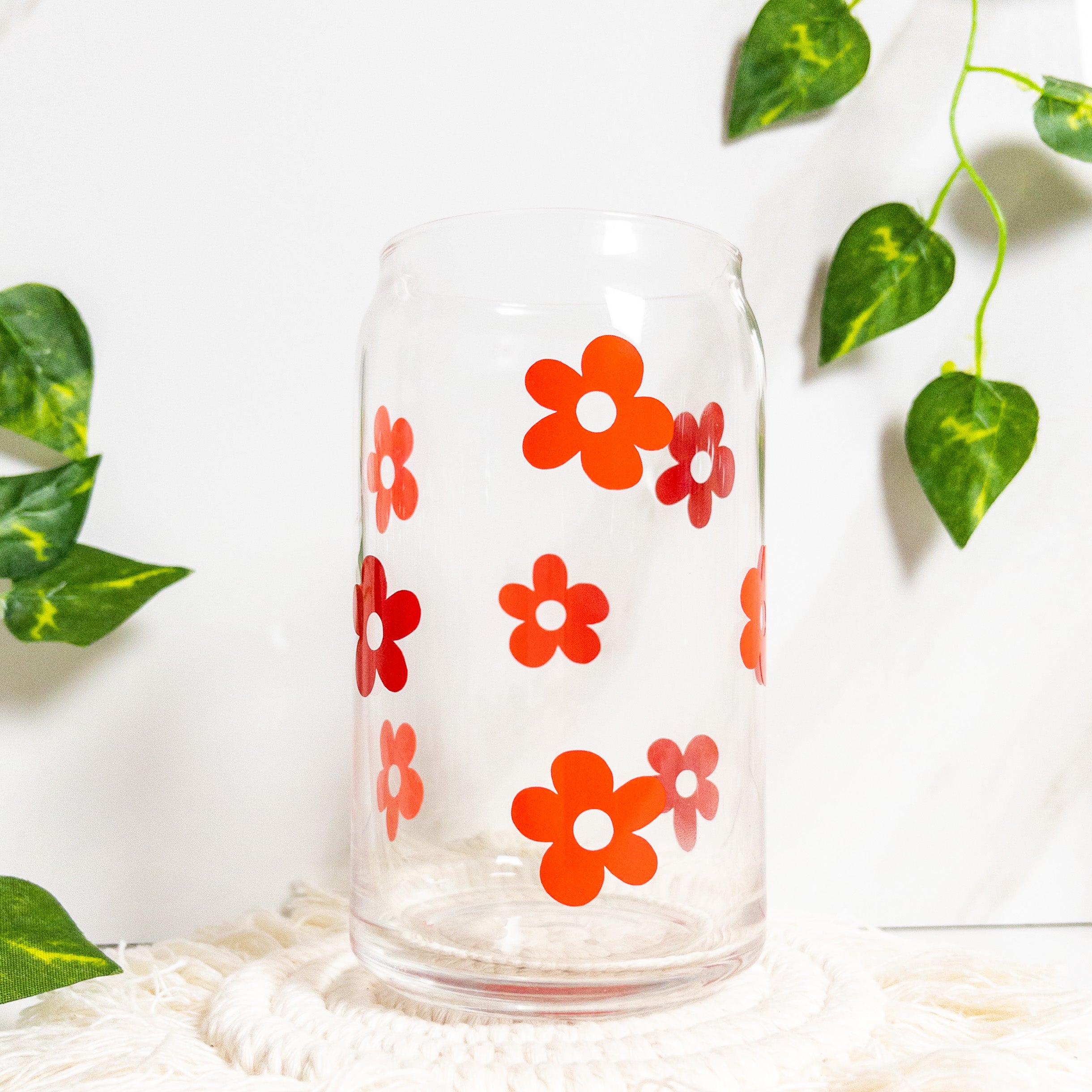 Retro Flower Beer Can Glass, Custom Iced Coffee Glass, Rainbow