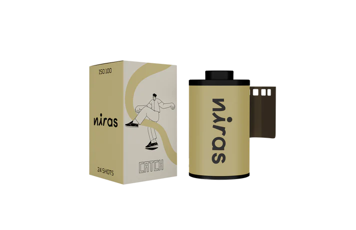 Film roll and box with minimalist design and sketches labeled 'niras.'