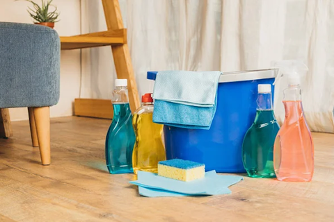 Different Toilet Cleaning Supplies On Wooden Stock Photo