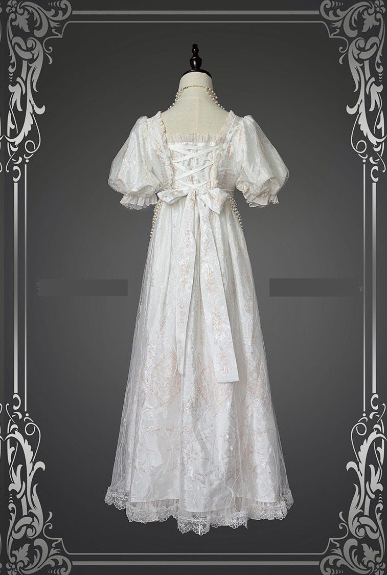 Gothic Bridgerton Empire Waist White Printed Ball Gown With Ruffle Regency Era Dress Plus Size 