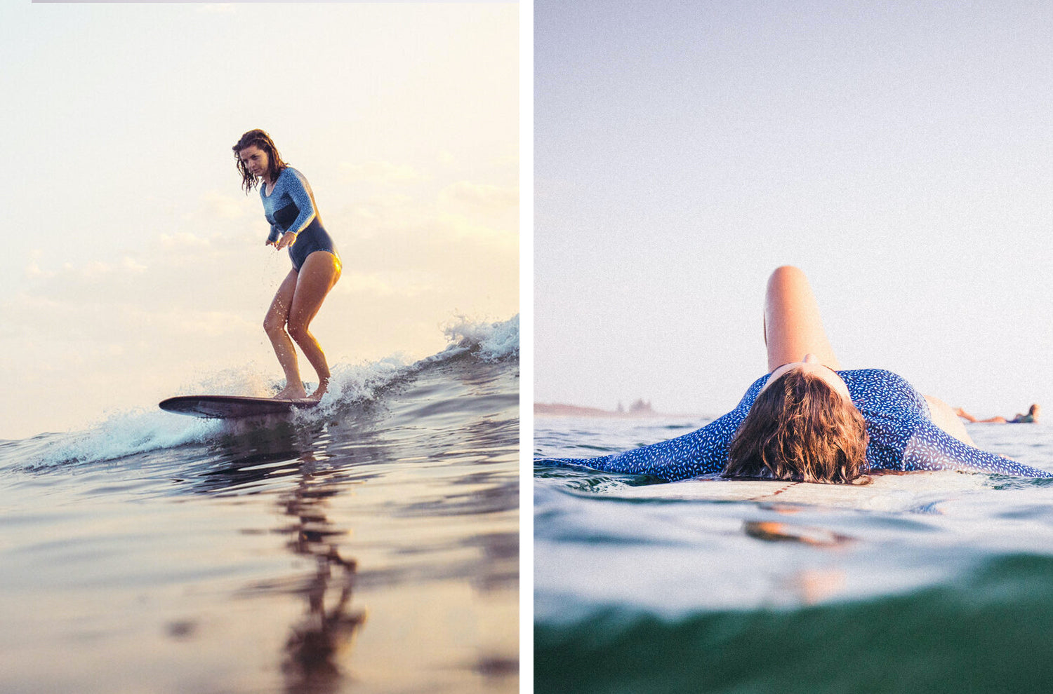 woman Surfer in blue long sleeves swimsuit