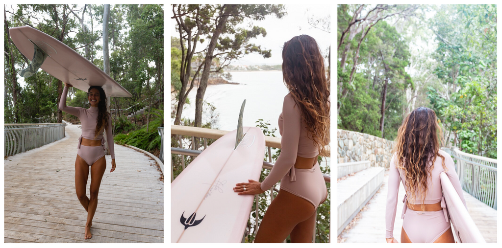 Laure Mayer in the Acotz Rashguard Crop top and Biarritz High Waist Bottoms Lore of the Sea
