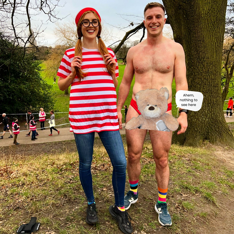 Howard and Jess on the Doctor Speedo running fundraiser with their freestyle libre glucose monitor CGM