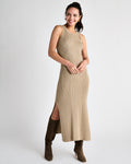 Sweater Ribbed Slit Fitted Silk Dress