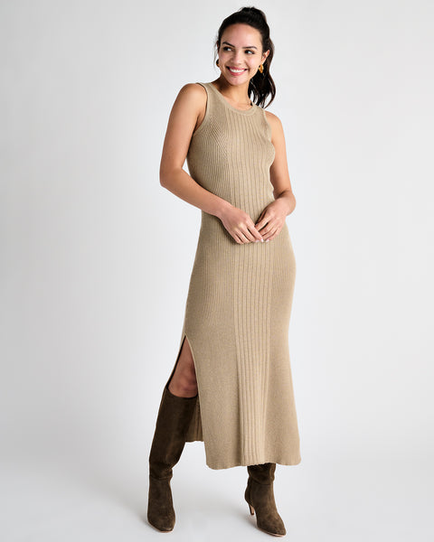 Sweater Silk Slit Ribbed Fitted Dress