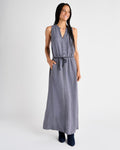 V-neck Spring Sleeveless Tie Waist Waistline Belted Pocketed Slit Collared Maxi Dress